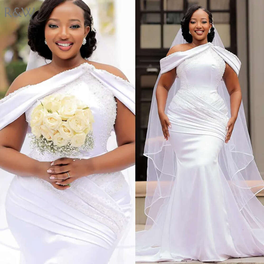 R&W 2024 Plus Size Aso Ebi Mermaid Dress Bridal Bride Pearls Beaded Pleated Wedding Gowns for Marriage D290