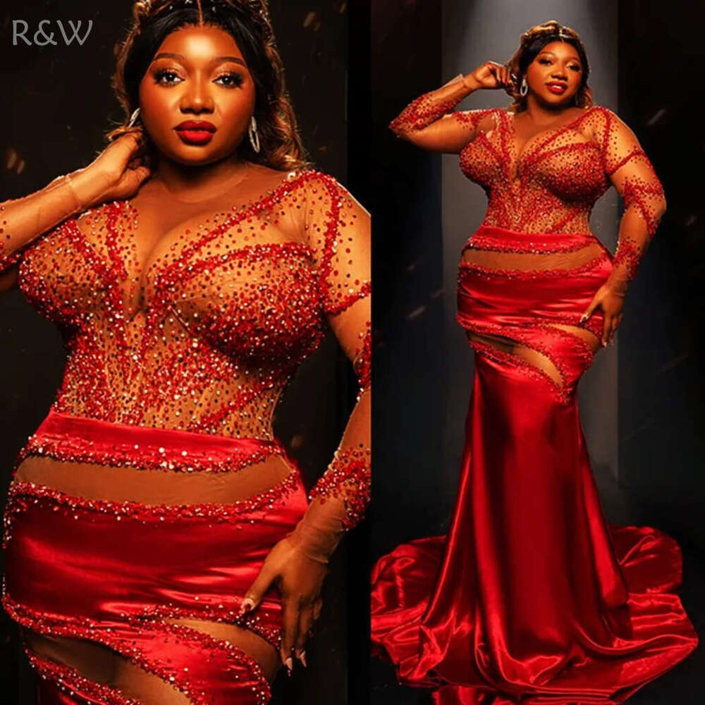 R&W 2024 Plus Size Red Prom Dresses for Special Ocns Mermaid Promdress Long Sleeves Sheer Neck Beaded Birthday Dress Engagement Second Reception Gowns