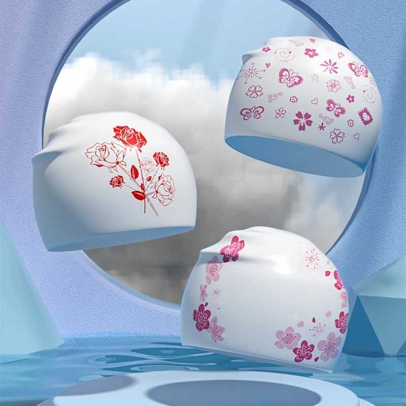 Womens silicone swimming cap large size long hair ear protection swimming cap floral print adult swimming cap pool accessories CL241009