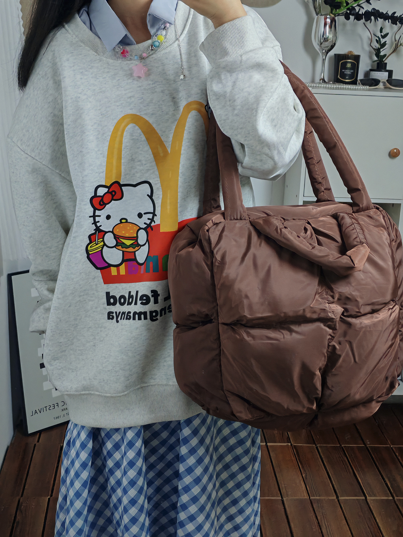 Senior sense diamond lattice soft cotton large capacity Tote bag women new autumn and winter all-in-one underarm shoulder bag