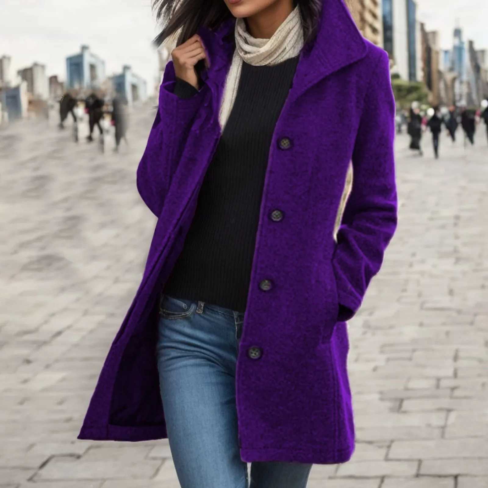 WomenS Solid Color Woollen Overcoat Thick Woolen Overcoat Mid Length Pockets Woman Winter Jackets Versatile Appear Thin ClothesX241009