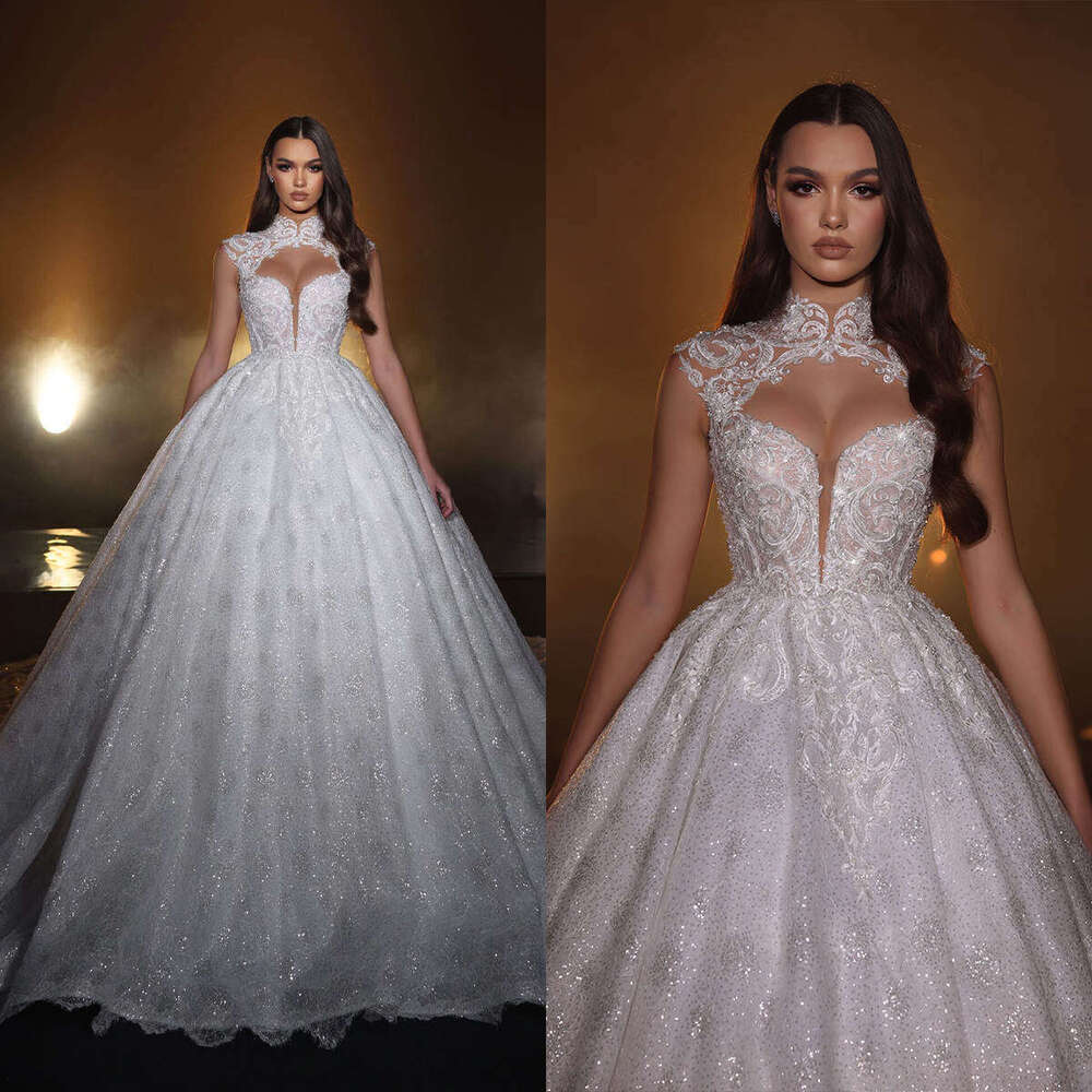 Wedding Dress Ball Gown High Neck Appliques Sequins Sleeveless or-Length Princess Bride Vestido De Noiva Custom Made