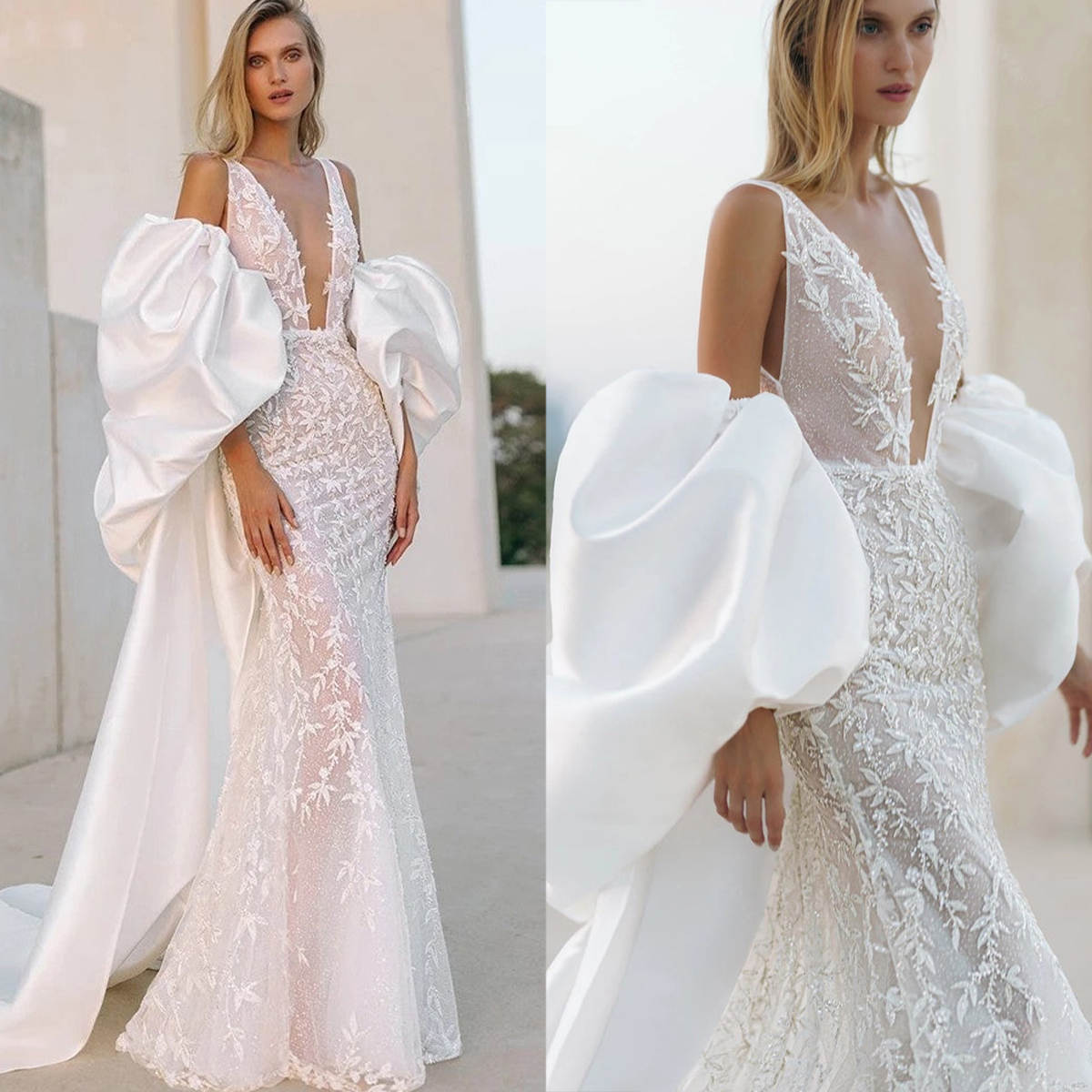Graceful Mermaid Wedding Dresses Lace Applique Bride Gown with Cape Sleeves Bridal Dress Illusion Backless Custom Made Vestidos De Novia
