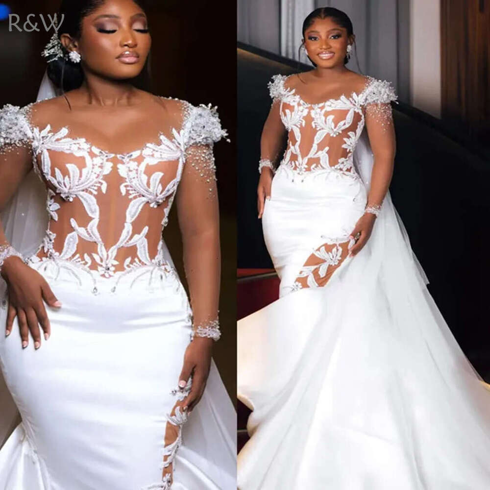 R&W 2024 Dresses Bridal Illusion Mermaid Wedding Gowns for Black Women Long Sleeves Appliqued Beads Lace Rhies Crystals Marriage Gown D268
