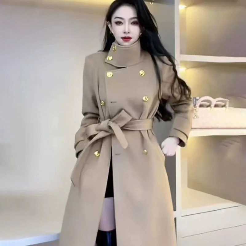 Spring Autumn 2024 New Woolen Windbreaker Jacket Womens Overcoat Loose Double-Breasted Lace-Up Pocket Slim Mid-length CoatX241009