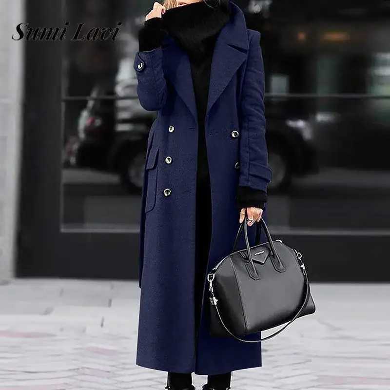Office Elegant Single-breasted Long Jackets Fashion Turn-down Collar Woolen Outwear Women Causal Long Sleeve Solid Straight CoatX241009