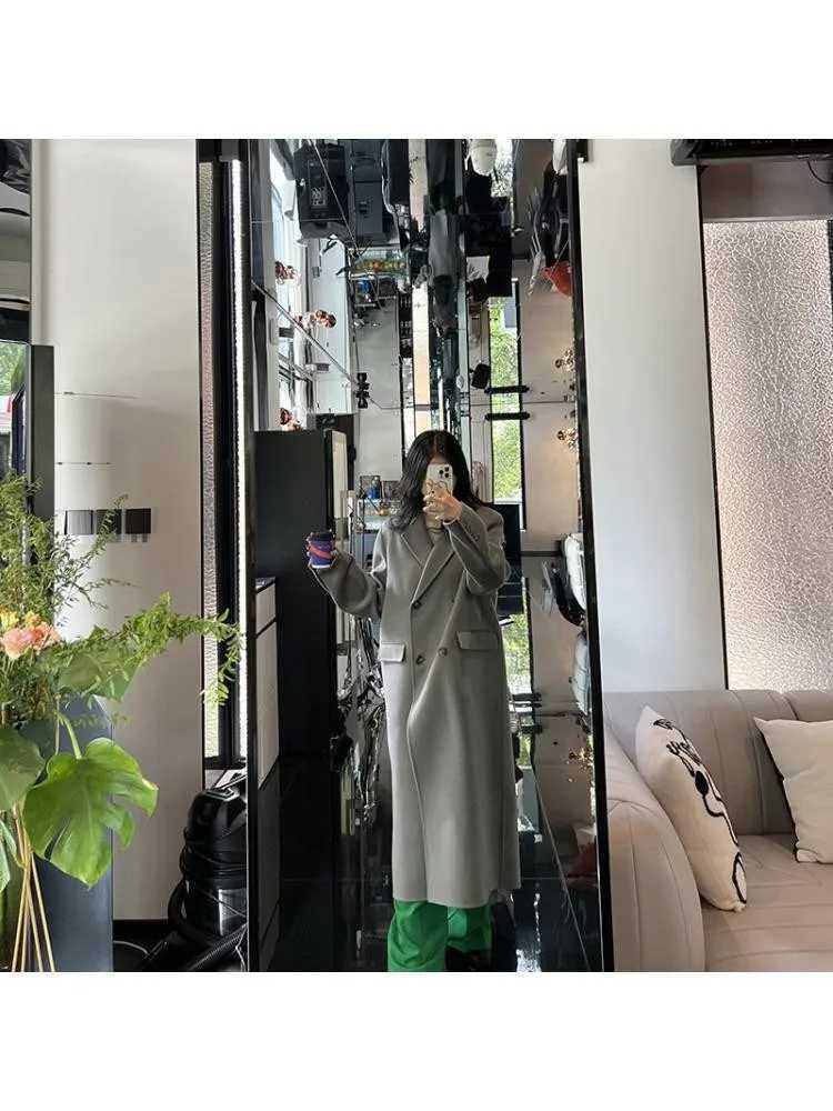 2022 Winter Double Breasted Long Handmade 100% Wool Coat Women Korean Style High End Suit Collar Loose Woolen Jacket OvercoatX241009