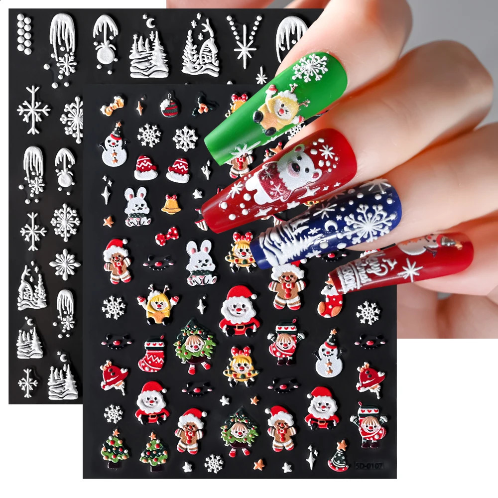 5D embossed gingerbread mens nail art stickers cute Santa Claus snowflake reindeer carving slider handmade decoration 241008