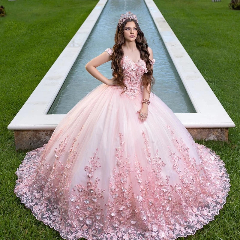 Pink Sweetheart Quinceanera Dresses Off Shoulder Appliques Lace Tull Birthday Princess Gowns Vestidos De 15 Anos Sweet 16 Dress