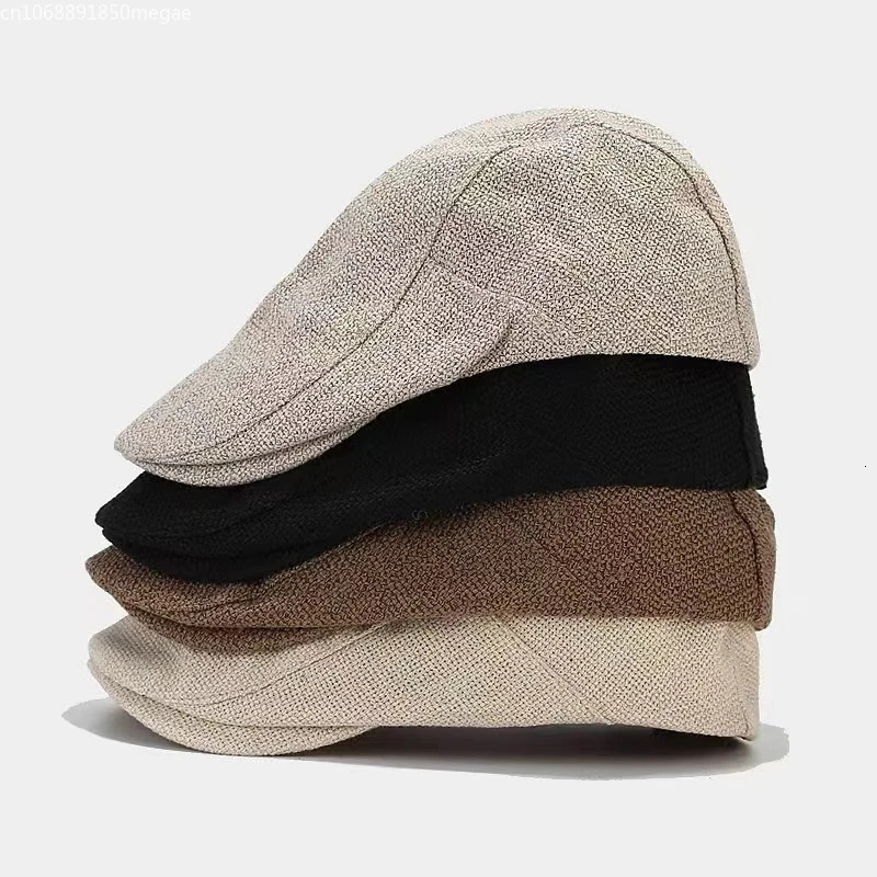 1 piece of summer mens beret linen leather hat adjustable hat breathable retro solid black ivy duckbill hat Boinas Para MUJI 241007