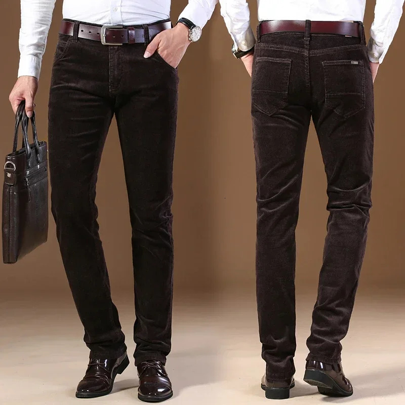 Winter Mens Corduroy Casual Pants Business Fashion Solid Color Elastic Regular Fit Trousers Male Black Khaki Coffee Blue 241009
