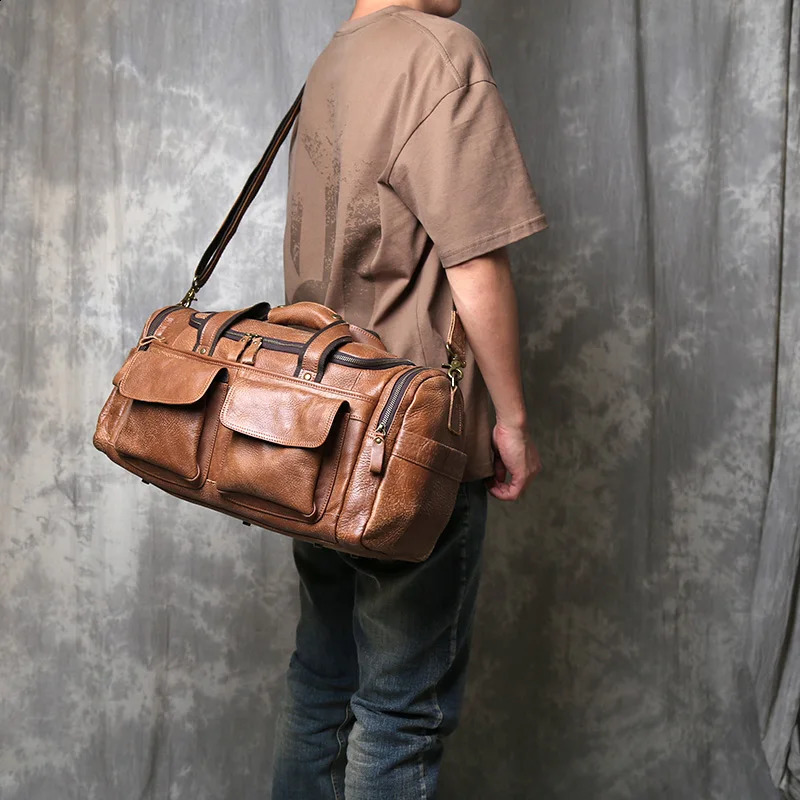 Retro large capacity mens top denim travel bag leather cross body bag handheld short distance luggage bag 240925