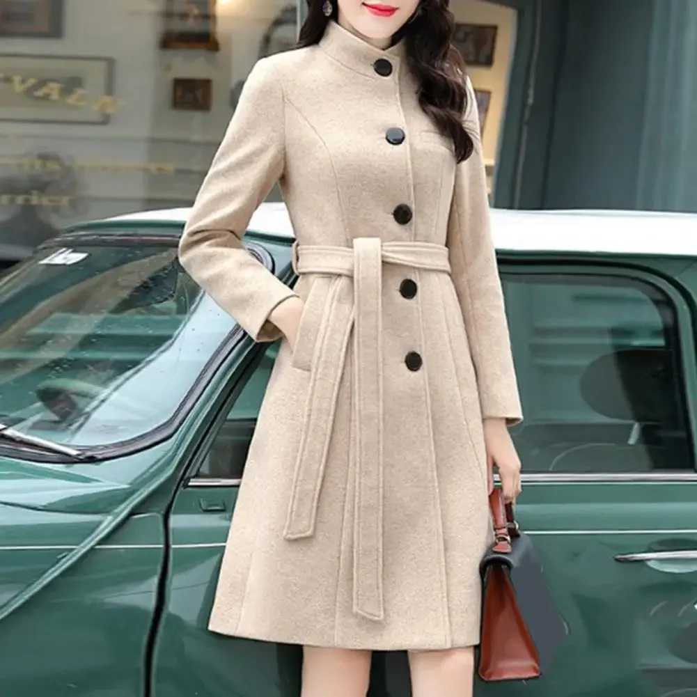 Trendy Women Outwear Long Sleeve Super Soft Women Woolen Coat Slim Fit Belt Trench CoatX241009
