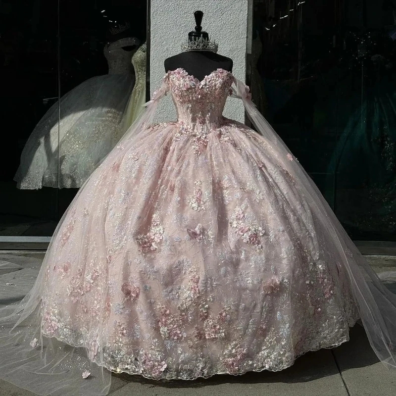 Pink Shiny Quinceanera Dresses With Cape Lace Applique Beads Tull Prom Dress Sweet 15 16 Birthday Princess Vestido De 15 Anos