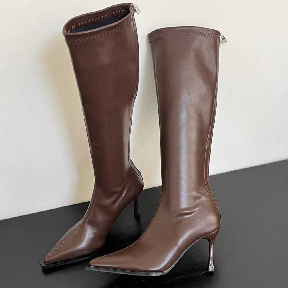 Slimming Pointed High-heeled Martin Women Boots Leather Elastic Long Fashion Boots For Womens Autumn And Winter Leg Hugging Boots 240826