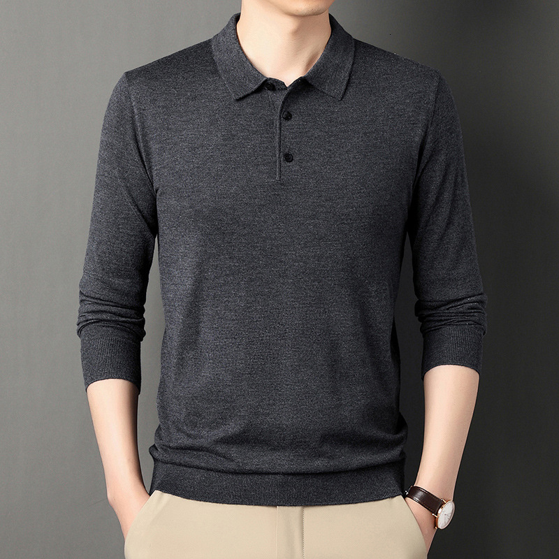 6. Wool thin knitted men, 2024 autumn and winter new item, solid color polo shirt, lapel, long sleeved base sweater for men