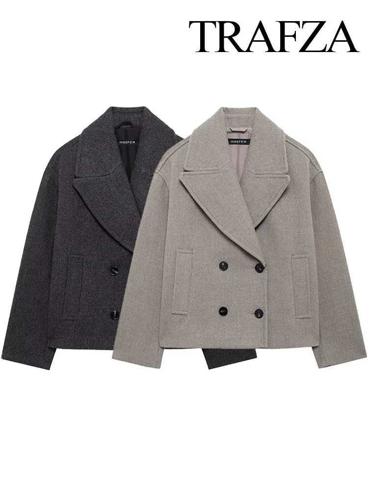 TRAFZA Womens Winter Casual Warm Coat Solid Turn-Down Collar Long Sleeves Pockets Double Breasted Female Fashion Coats 2 ColorX241009