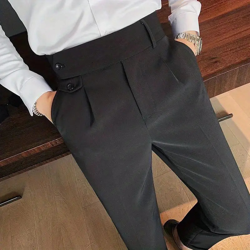 Casual Mens Spring and Summer 2024 Business Formal Solid Color High Waisted Button Zipper Ruched Pocket Straight Suit Pants 241009
