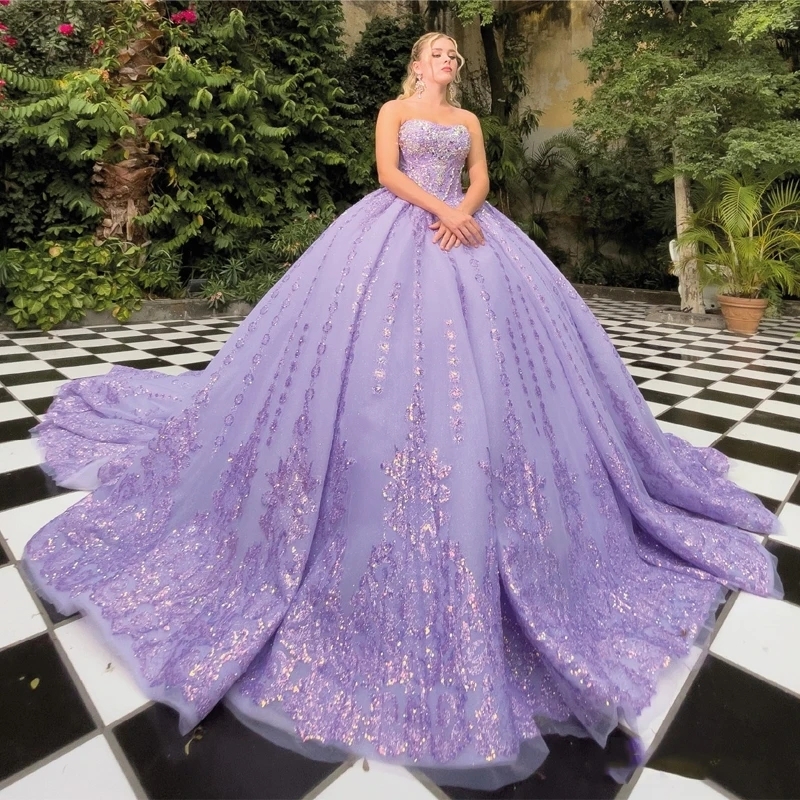 Lilac Shiny Princess Quinceanera Dresses Sweet 16 Dress Ball Gown Sequin Applique Lace Beads Tull Part Birthday Wear Lace Up Vestidos 15 De Anos