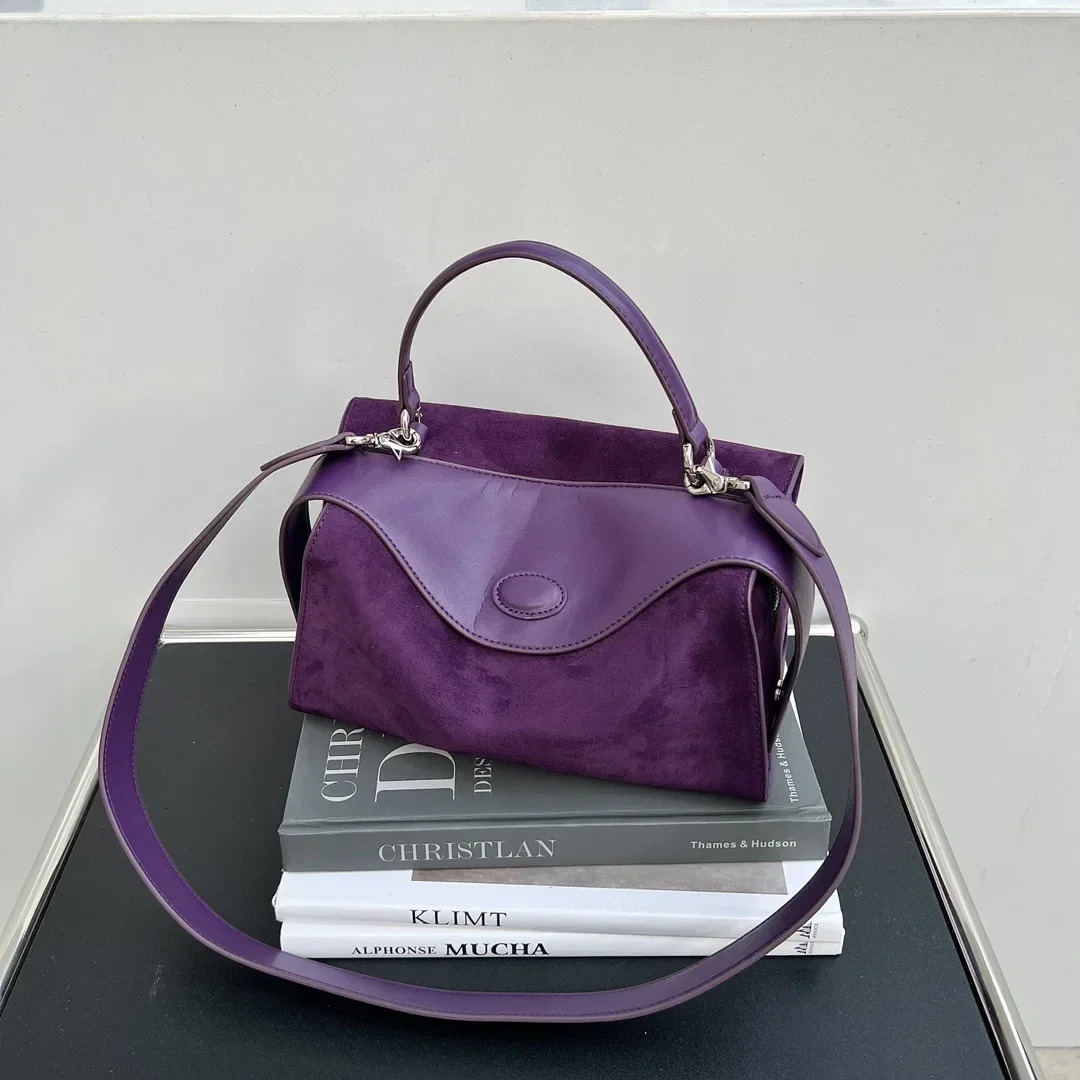 Large Lavender Purple Smooth Velvet Wide Shoulder Strap Womens Shoulder Bag High Quality Winter Suede Leather Womens Handbag 241008