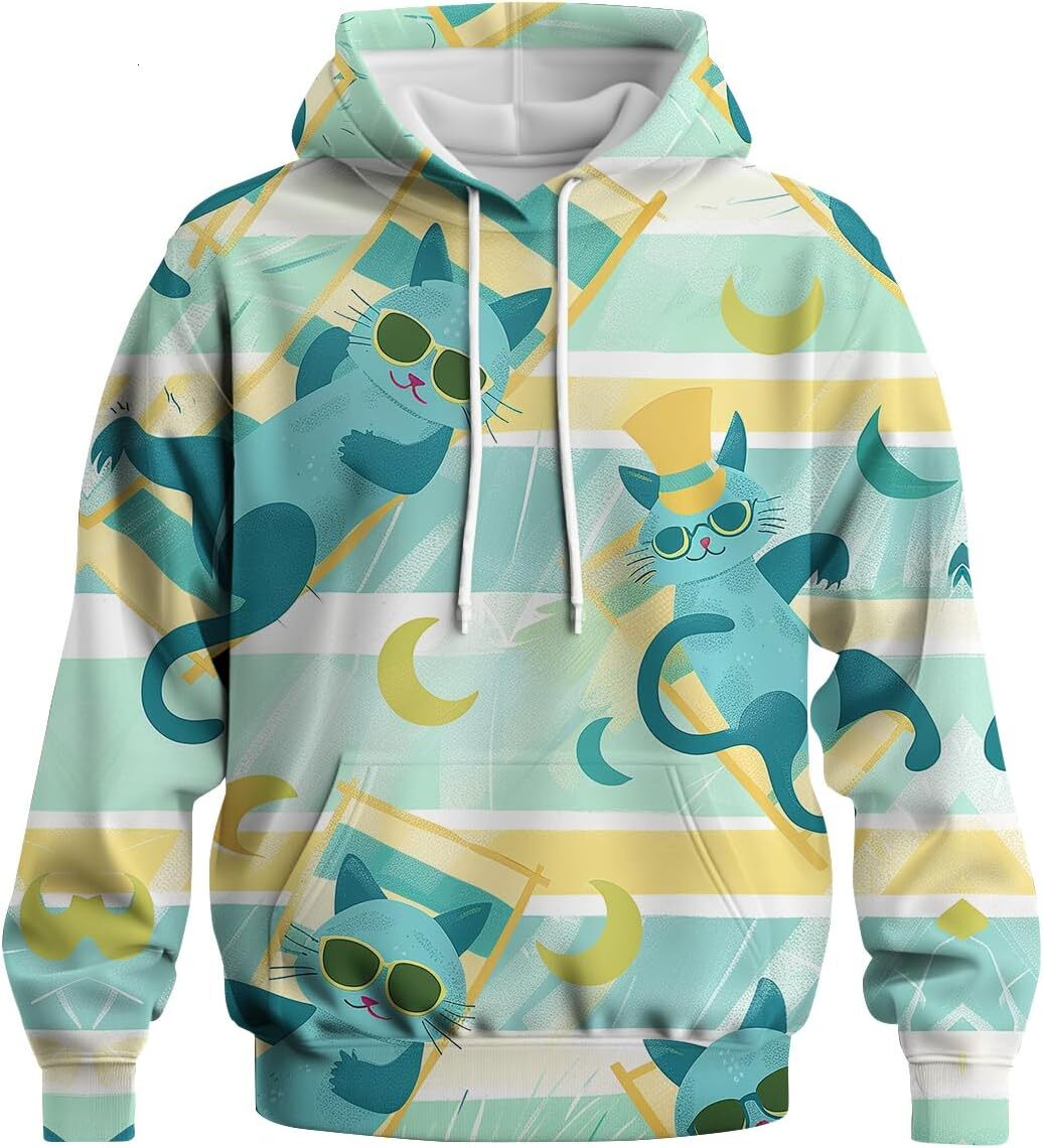 Hoodie for Mens Womens Cat Printed Mens Hoodies 3D Graphic Hooded Funny Cat Long Sleeve Sweatshirt Casual Pockets Pullover Graphic tracksuit