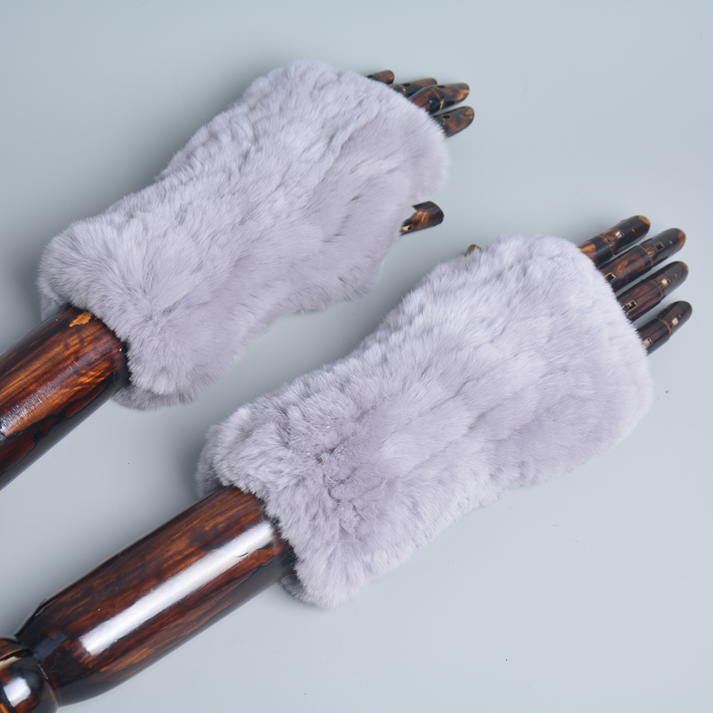 Women Genuine Knitted Rex Rabbit New Winter Warm Lady Real Fingerless Gloves Handmade Knit Fur Mitten