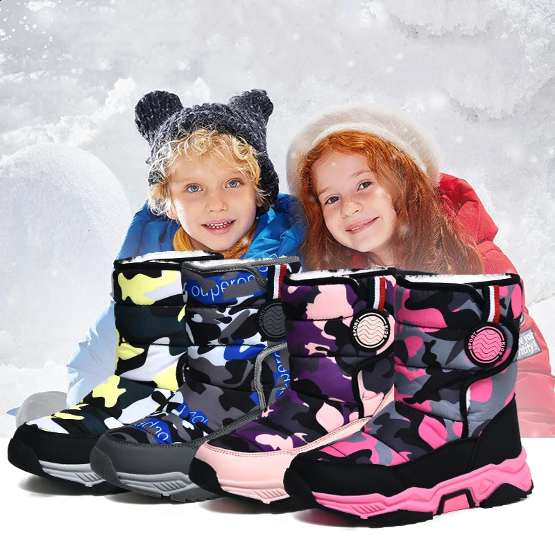 Winter warm fur ankle boots childrens black fur leather shoes girls anti slip waterproof childrens shoes fashion snow boots pink 240925