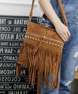 Vintage Bohemian Edge Messenger Cross Body Bag Wallet Womens Tassel Handbag Solid Color Tassel Shoulder Bag 241008