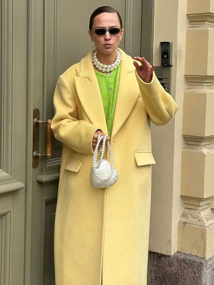 Fashion Yellow Woolen Long Coats For Women Loose Lapel Long Sleeve One Button Solid Coat 2024 Autumn Winter Elegant StreetwearX241009