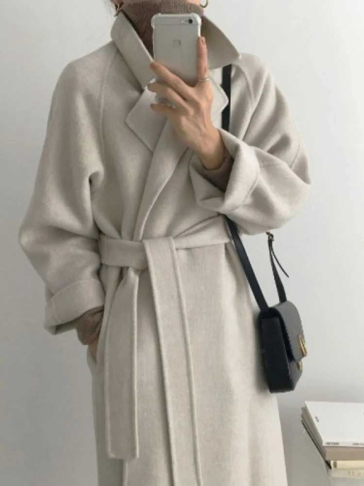 Wool Coats Long Women Midi Waist Lace Up Belt Blends Splice Full Sleeve Cardigan Solid Thick Warm Jackets Straight Winterx2