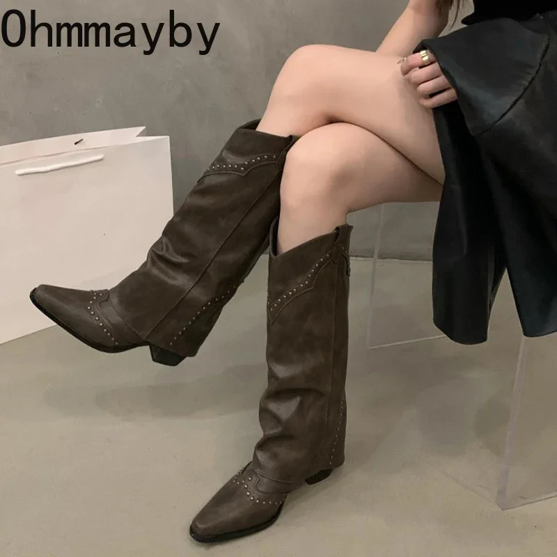 Autumn and Winter Womens Knee High Boots Retro Style Western Knight Boots Pointed Toe Square High Heels Womens Shoes 241007
