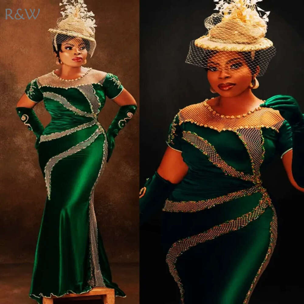 R&W 2024 Aso Ebi Classic Green Prom Dresses For Special Ocns Mermaid Promdress Evening Formal High Neck Short Sleeves Beaded Crystals Birthday Gowns A