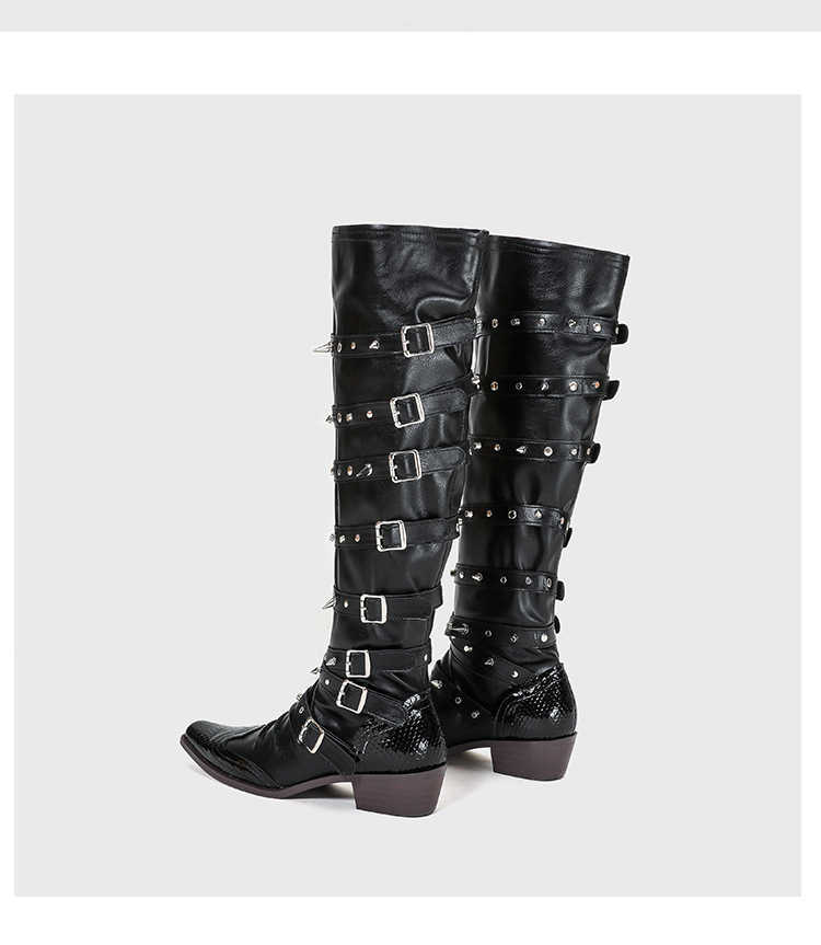 Punk Gothic Style Fashion Boots Wide Tube Cowboy Boots Pointed Pile Martin Boots For Women Rivet Long Tube Boots 240826