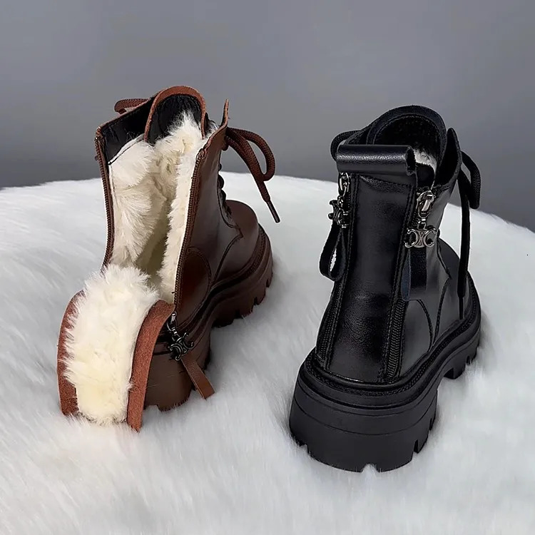 Womens snow boots winter shoes womens plush round toe flat heel leather Lolita womens Med fur 241007