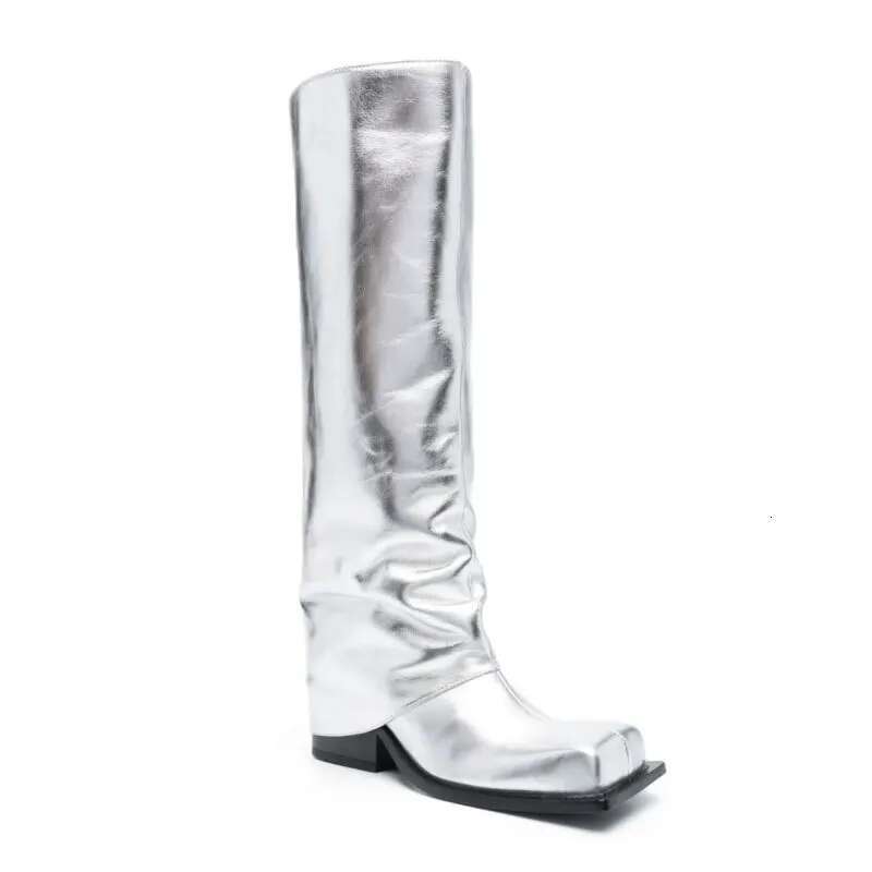 2023 New Big Apron Square Round Head Long Barrel Women's Genuine Leather Thick Sole Metal Knight Boots