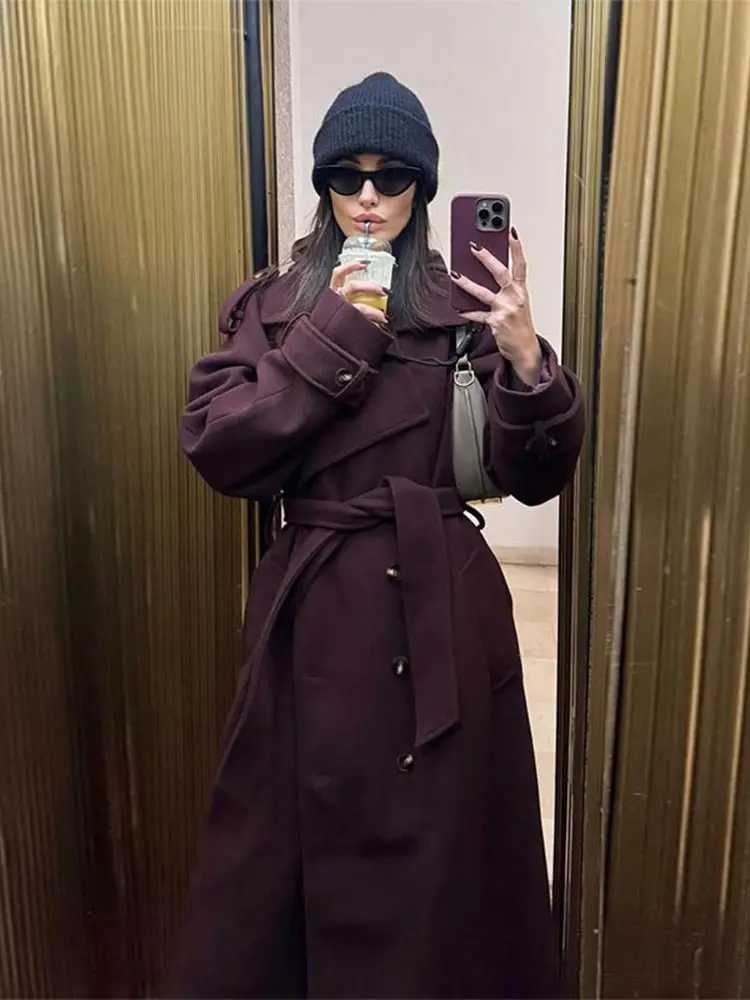 Wine Red Double Breasted Woolen Trench Coat Women Casual Lapel Long Sleeves Long Overcoat 2024 New Lady Commute Office OuterwearX241009