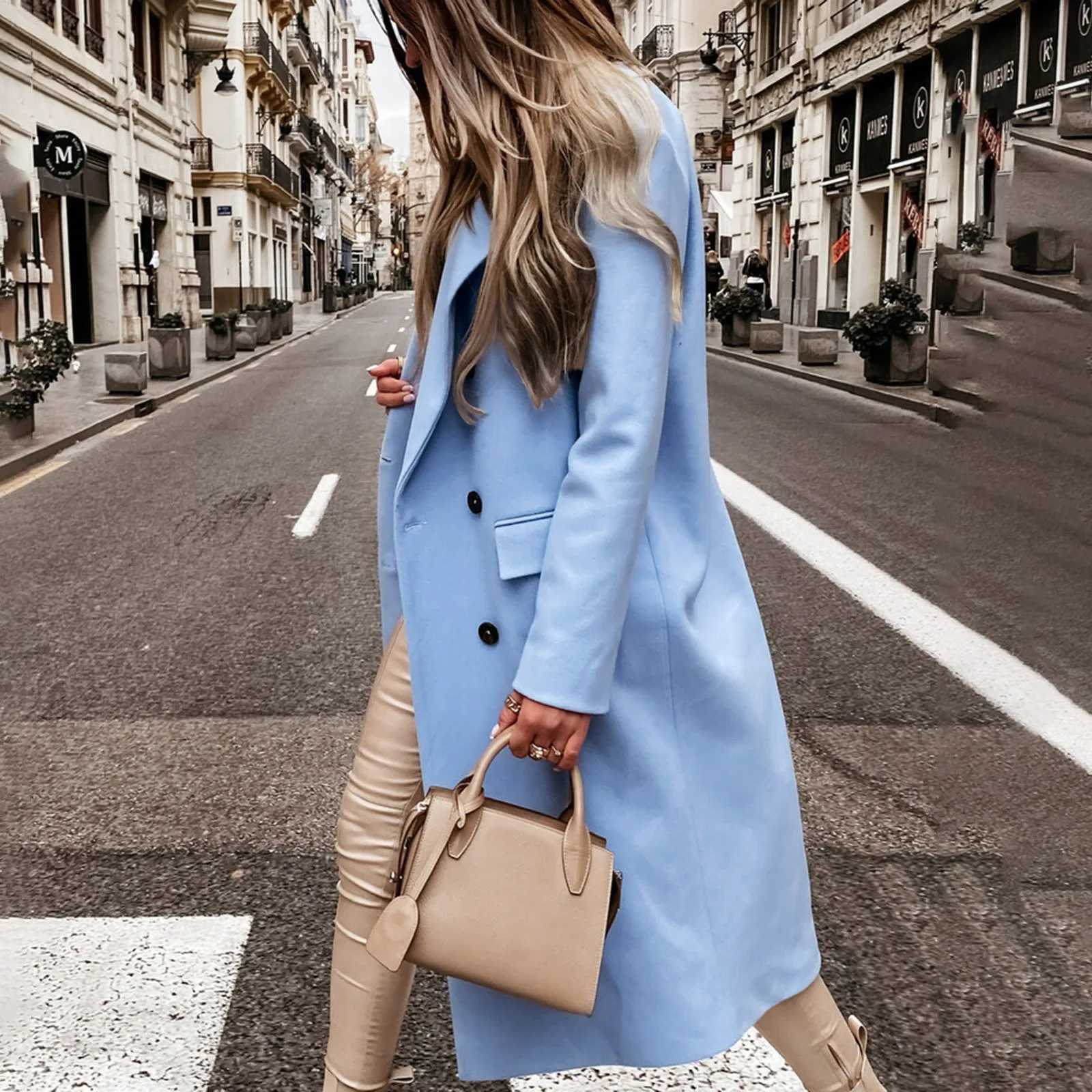 WomenS Jacket Woolen Fashion Slim-Fit Belt Lapel Woolen Pocketed Shacket Flannel Jacket Coats Double Breasted Oversized OutwearX241009