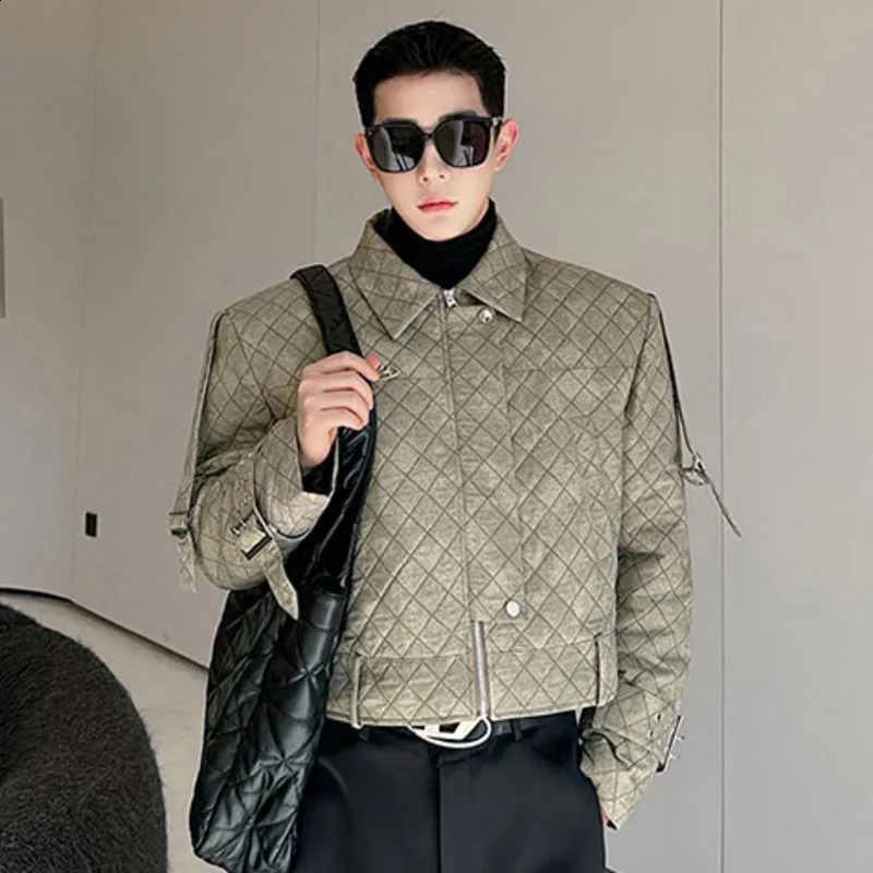 IEFB Argyle Male Padded Jacket Lapel Buckle n Zipper Gradient Color Mens Short Cotton Coats American Style 2023 9C3926 241008