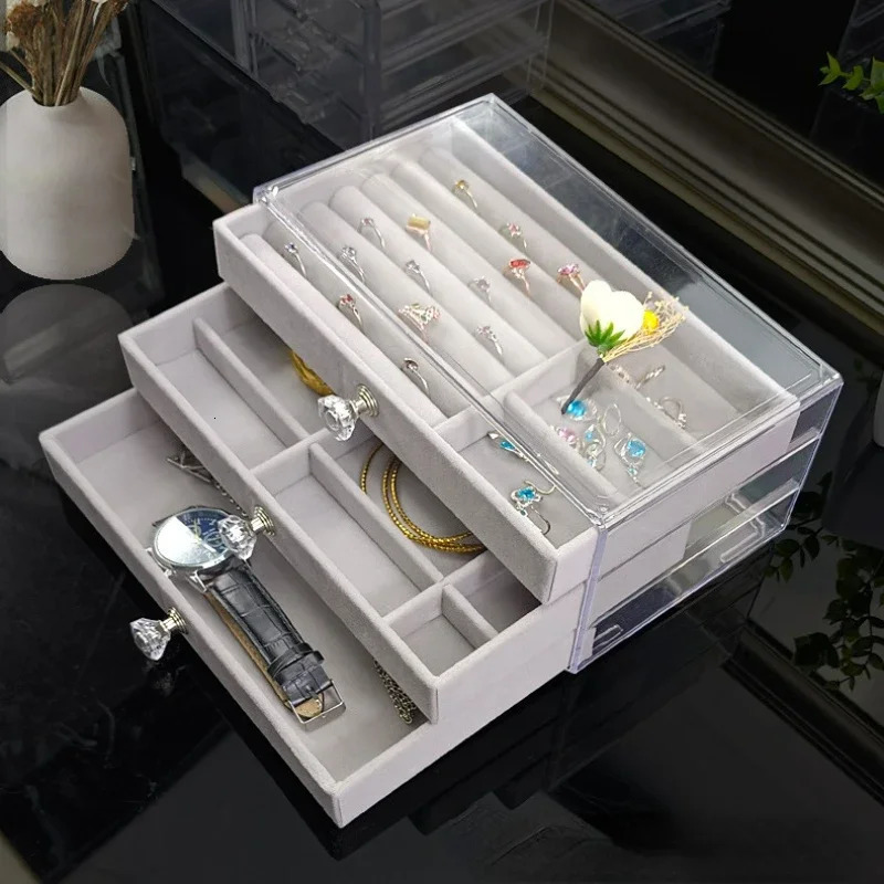 3-layer transparent jewelry organizer large ring necklace earrings makeup stand womens velvet jewelry box 240924