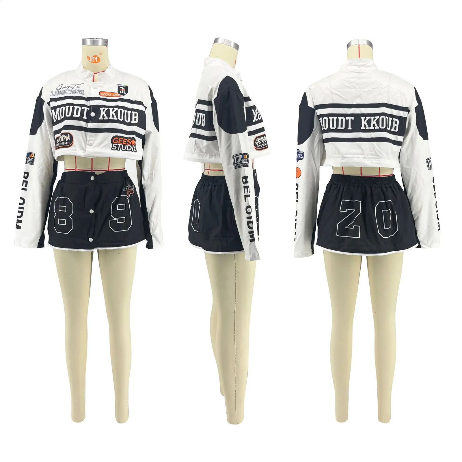 Baseball Varsity Thin Jacket Crop Tops Two 2 Piece Skirt Sets Y2K Streetwear Fall Women Cyber Racer Cropped Jackets Trench Coats 240929