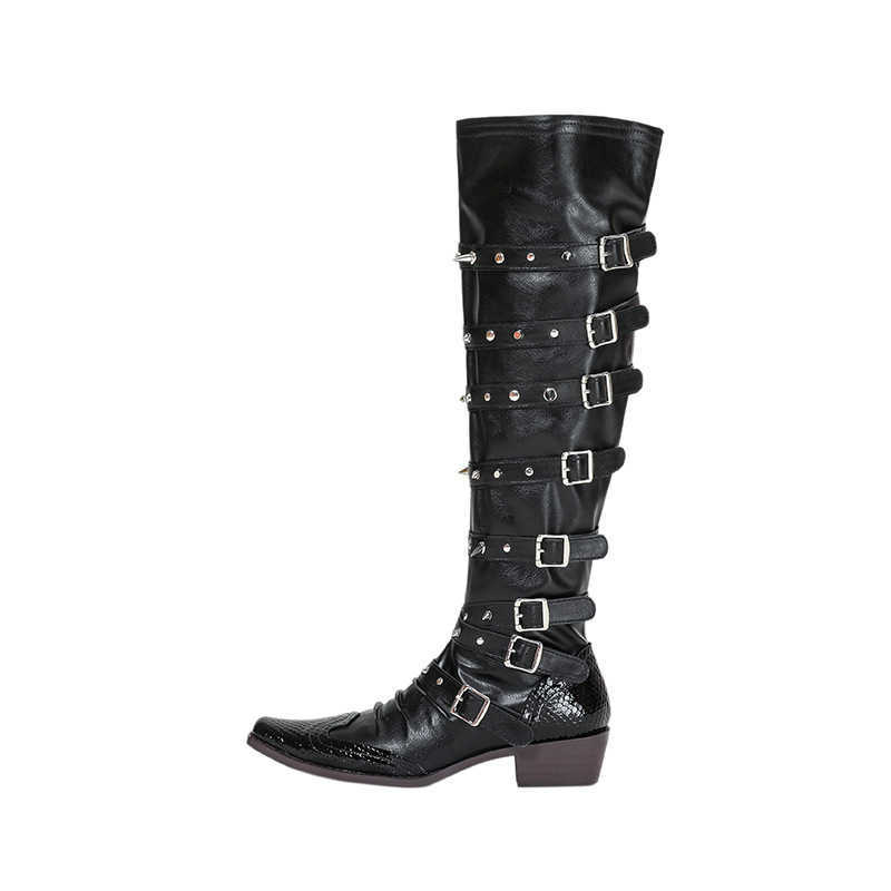 Punk Gothic Style Fashion Boots Wide Tube Cowboy Boots Pointed Pile Martin Boots For Women Rivet Long Tube Boots 240826