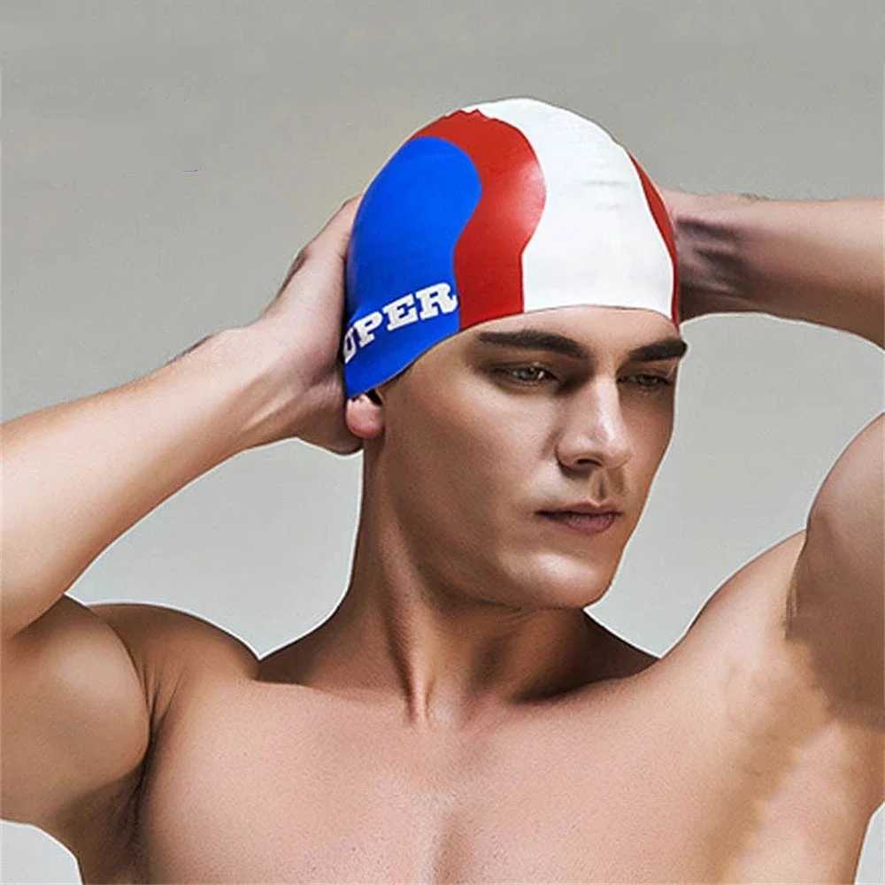 Neutral multi-color silicone printed swimming cap adult waterproof summer swimming pool cap elastic protection for ears long hair diving cap CL241009