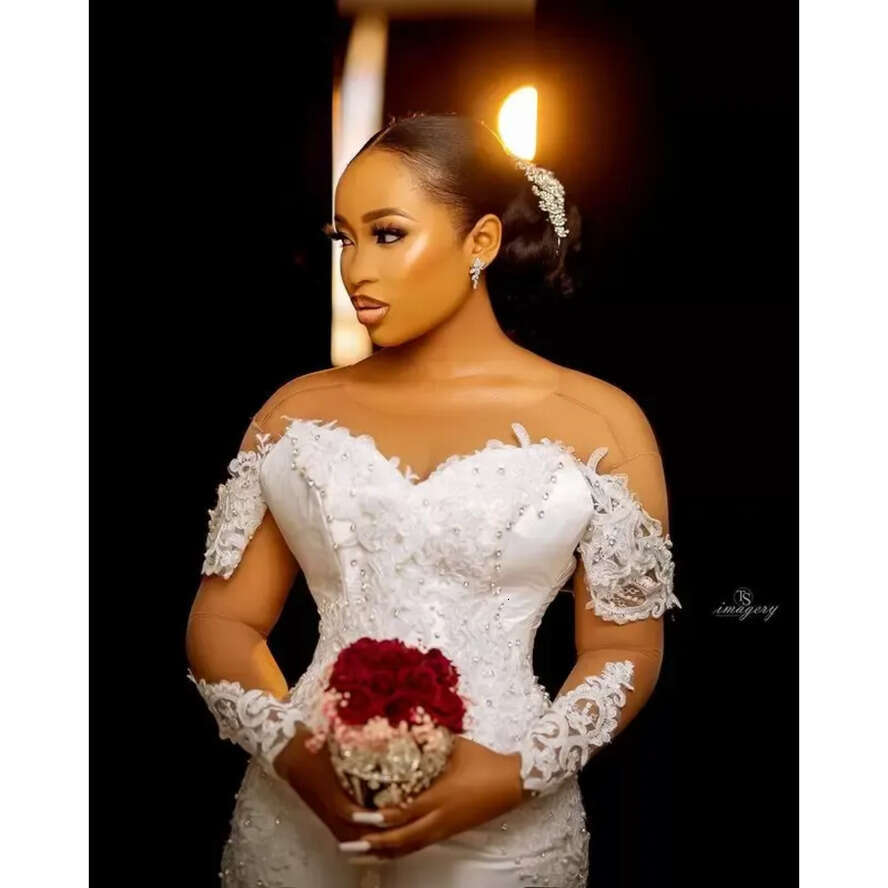 Size Arabic Plus 2022 Aso Ebi Mermaid Lace Beaded Wedding Dress Sheer Neck Long Sleeves Satin Sexy Vintage Bridal Dresses Gowns Asdf es
