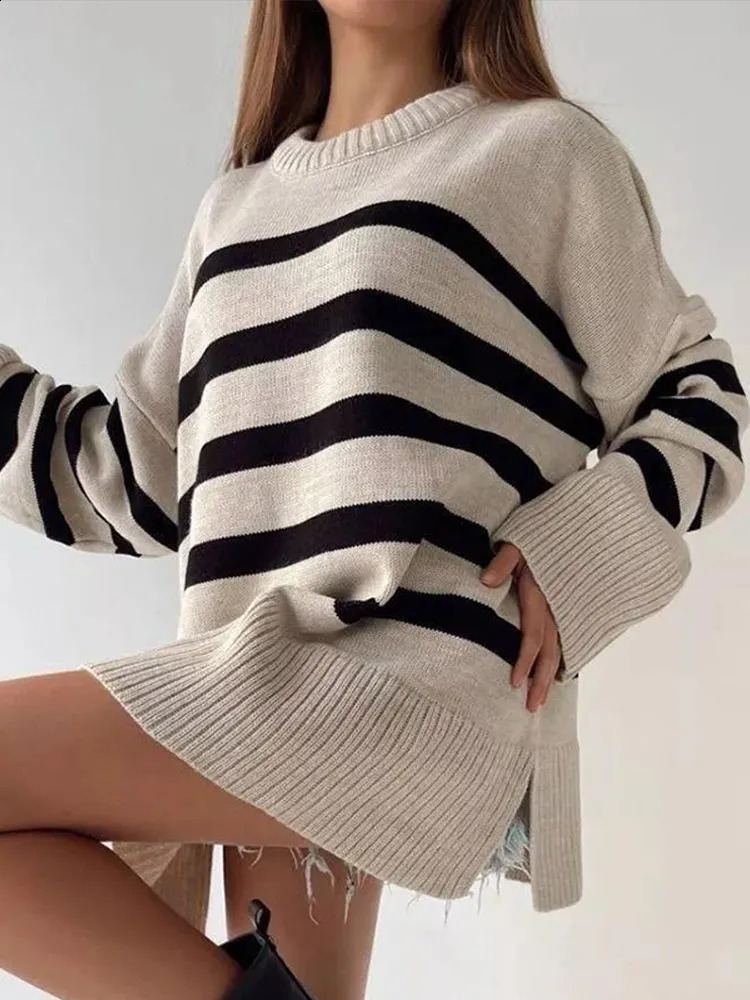 Casual striped sweater for women elegant turtle buckle comparison long sleeved womens zipper autumn winter fashion womens knitting 240927