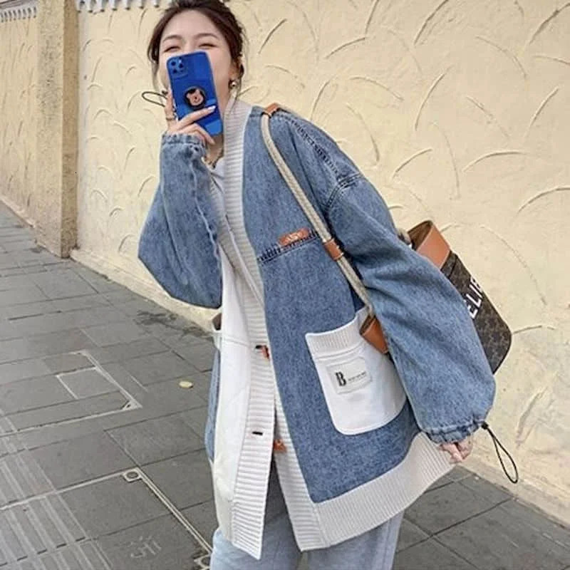 Womens loose denim knitted patch work V-neck oversized baseball cardigan long sleeved jacket womens top 240930