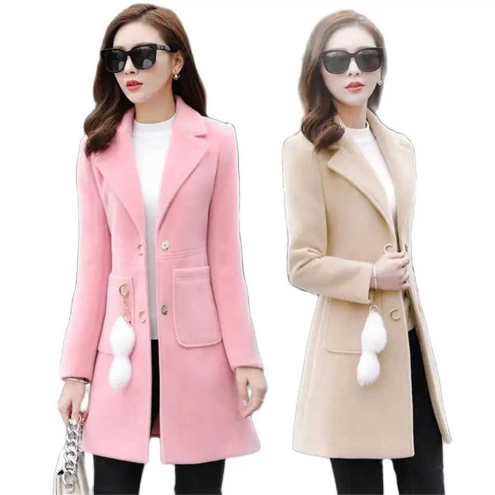2024 Autumn Winter Ladies New Version Of The V-neck Solid Color Woolen Coat Womens Mid-Length Slim Thin Woolen CoatX241009