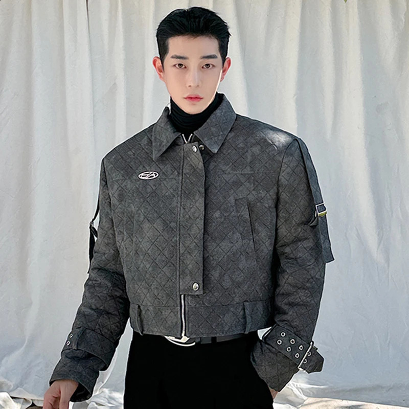 IEFB Argyle Male Padded Jacket Lapel Buckle n Zipper Gradient Color Mens Short Cotton Coats American Style 2023 9C3926 241008