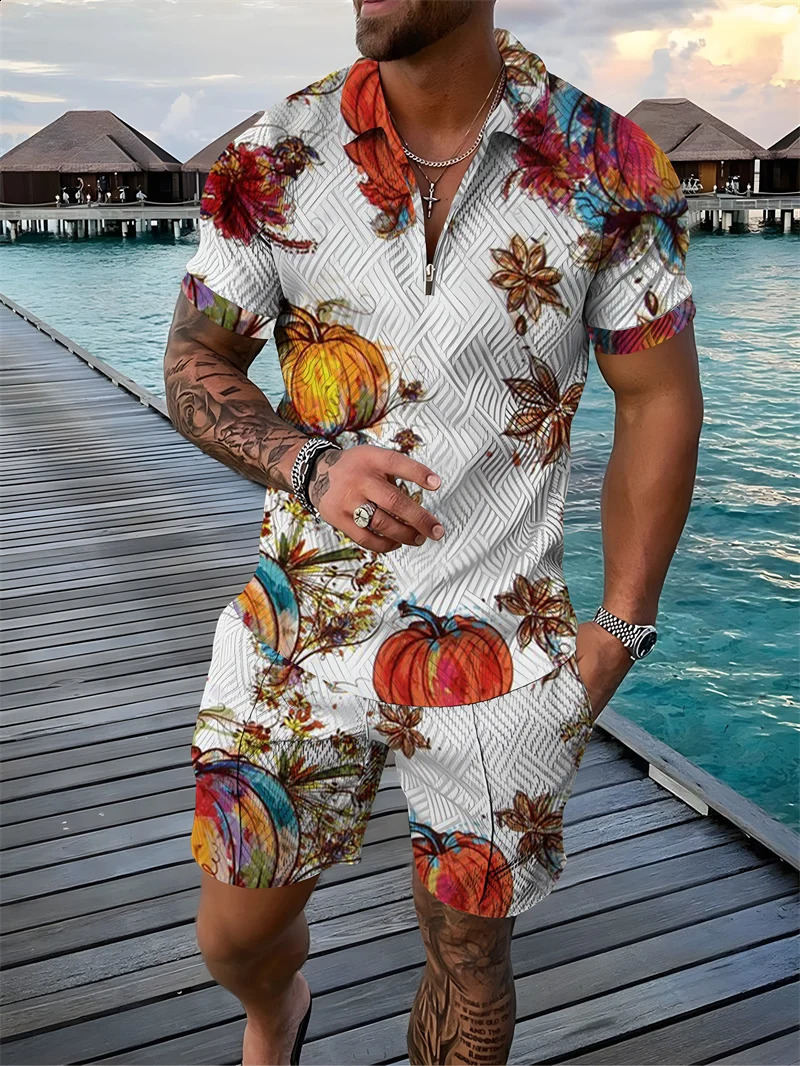 Flower 3D printed polo shirt shorts set mens fashion flower oversized short sleeved shirt pants set mens sportswear set 240930