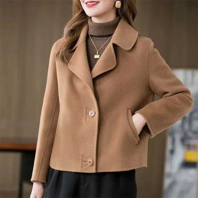 2024 Spring Autumn Women Woolen Coat Fashion Lapel Collar Short Loose Jackets Female Single breasted Solid color OvercoatX241009