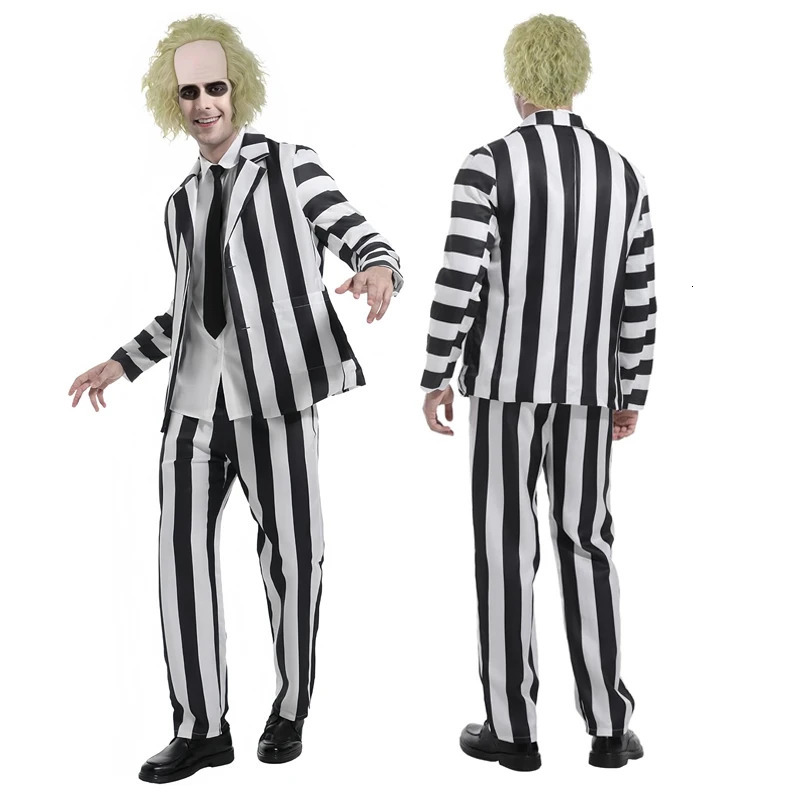 Beetle Juice Mens Black and White Stripe Set Horror Halloween Costume Wig Tie Shirt for Role Playing Parties 241009